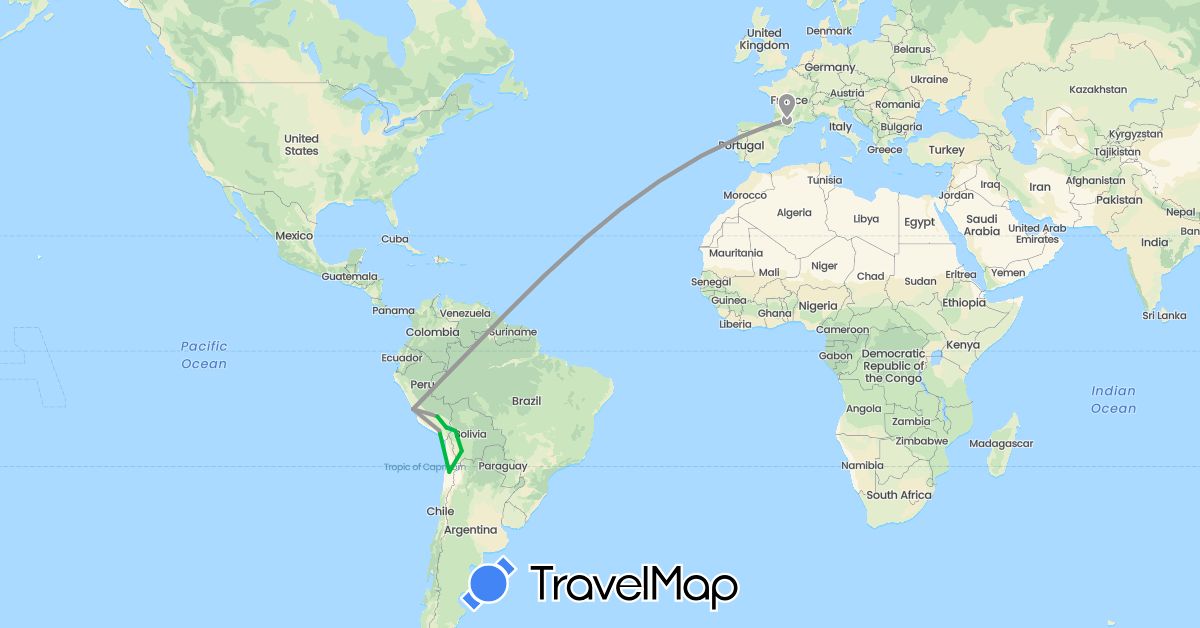 TravelMap itinerary: driving, bus, plane, boat in Bolivia, Chile, France, Peru (Europe, South America)